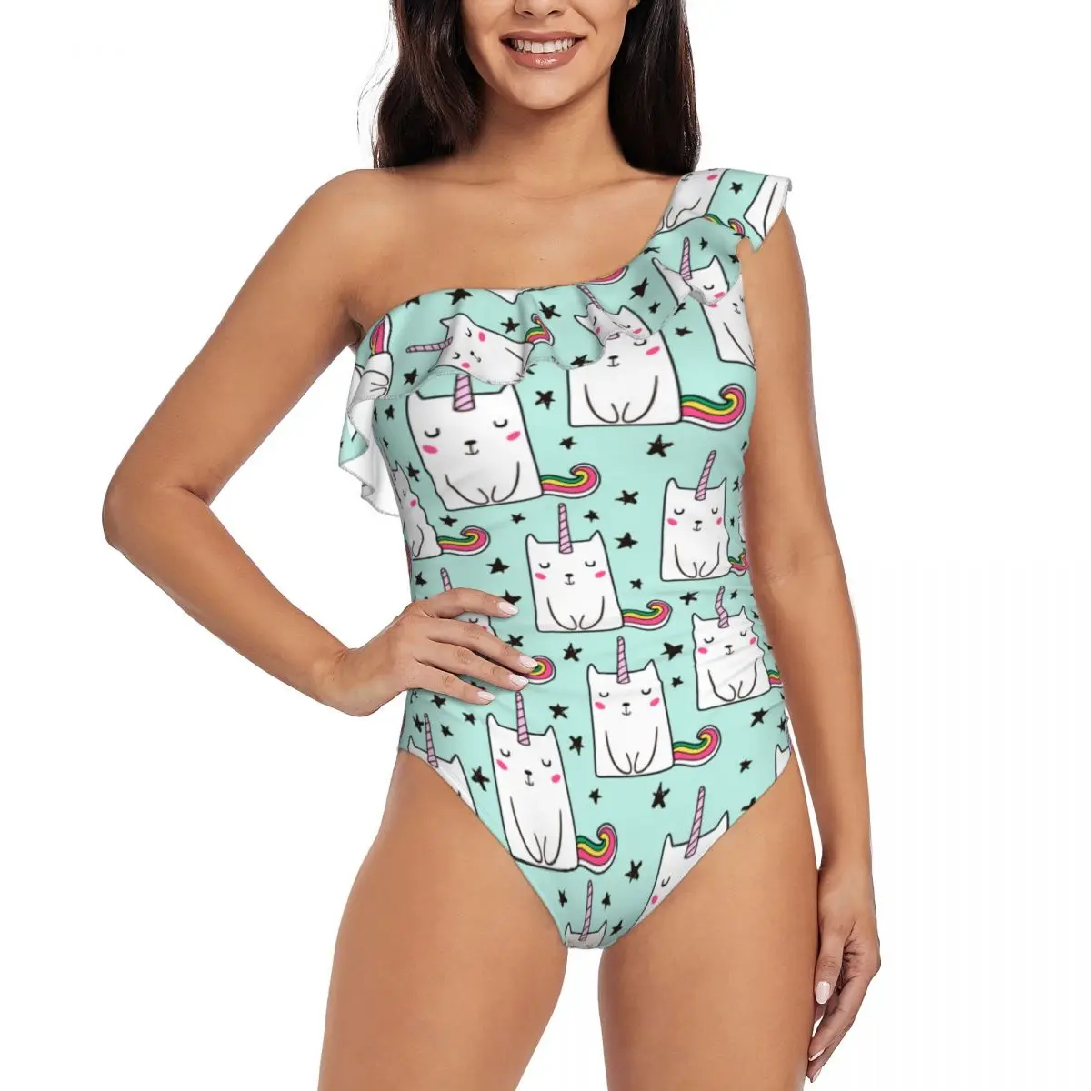 

Unicorns 3D Print Women's One Shoulder Ruffle Monokinis Swimwear Asymmetric Ruffle