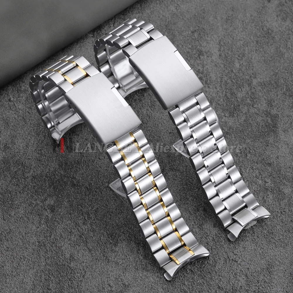 Sleek Stainless Steel Curved-End Watch Strap with Folding Buckle