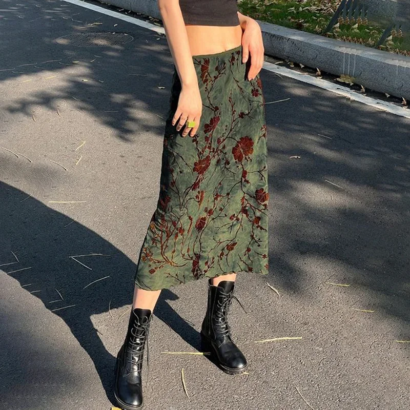 

Vintage Long Skirt Green Floral Print Women Y2K High Street Grunge Fashion Elegant Mid-Calf Skirt Autumn Winter 2023