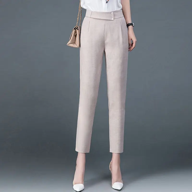 New Summer Women's Solid Color High Waist Elastic Harem Pants Button Pockets Fashion Casual Commuter All Match Trousers