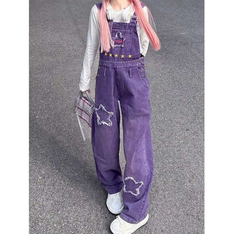 Purple cowboy overalls female sister style 2023 autumn new American retro high waist loose wide leg jumpsuit large size autumn and winter new elegant women s overalls 2022 brown temperament straight high waist fashion jumpsuit bodycon jumpsuit