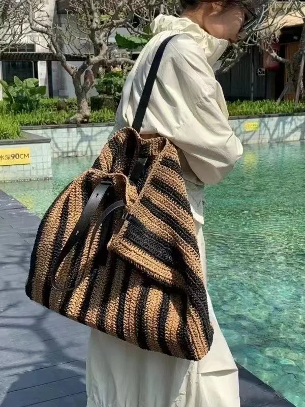 Women's Large Capacity Shoulder Bag Summer Straw Woven Basket Handbag Fashion Female Luxury Designer Beach Bag Bali Shopper Tote