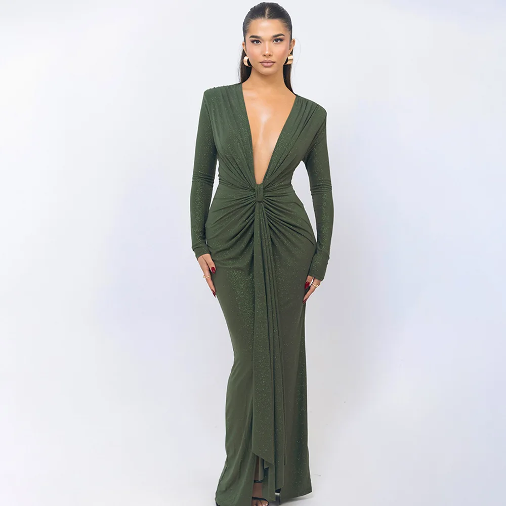 Elegant Long Sleeve Elastic Tight Party Evening Dress For Women Sexy Deep V-Fold Lace Vestido Autumn/Winter New 2025