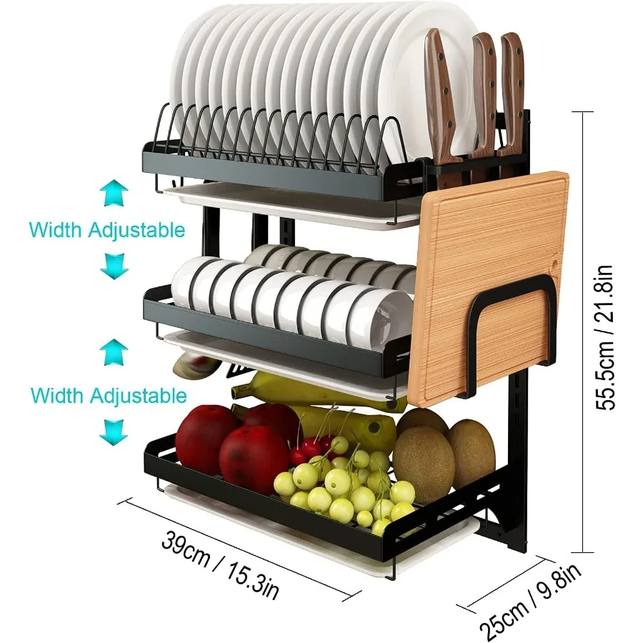 Wall Mounted Stainless Steel Dish Drying Rack Fruit Vegetable Storage Basket with Drainboard and Hanging Chopsticks Cage Knife