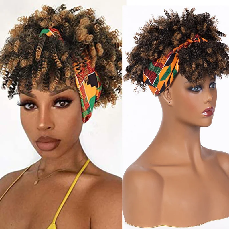 Afro Curly Headband Wig For Black Women Synthetic Natural Curly Wig Blonde With Bags Female Heat Resistant Hair