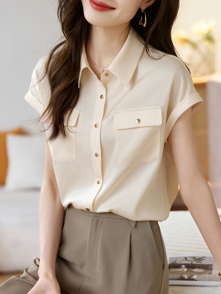 

Женская офисная блузка с коротким рукавом, однотонная белая рубашка с отложным воротником, лето 2023
