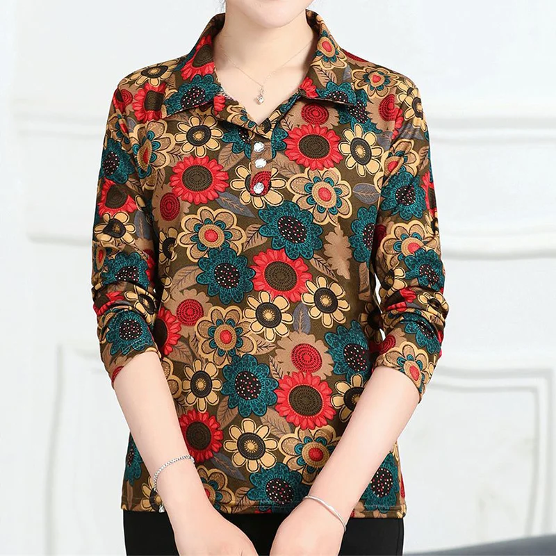 

Folk Women's Clothing Loose-fitting Long Sleeve Tops Turn-down Collar Vintage Floral Printing Button Pullover Bottoming T-Shirt