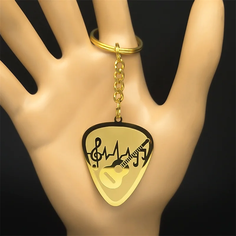 Musical Gitarre Pick Schlüsselanhänger für Frauen Männer Edelstahl Gold Farbe Musik Liebhaber Tasche Charme Schlüssel Ring Schmuck Geschenke K3003S06 – Detail 4
