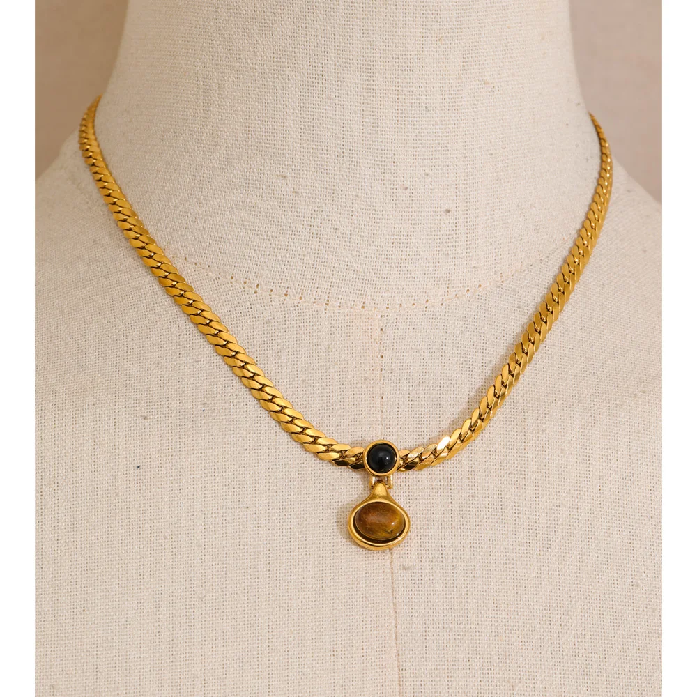 Yhpup Golden Chain Tiger Stone Pendant Necklace