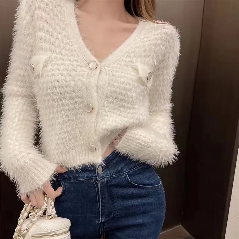 

Hsa Women Winter Mohair Sweater Cardigans 2023 New V-neck Button Elegant Korean Warm Thick Winter Knit Jackets Short Top