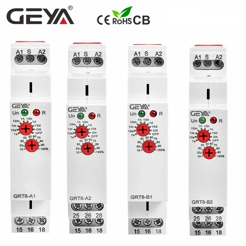 GEYA Delay on Delay off Timer Relay Electronic Type 16A AC230V OR AC/DC12-240V with CE CB ROHS GRT8-A/B/At/Bt normally working on fn ys020 30a 5 minutes delay off after turn off automotive 12v time delay spdt 300 delay release off relay