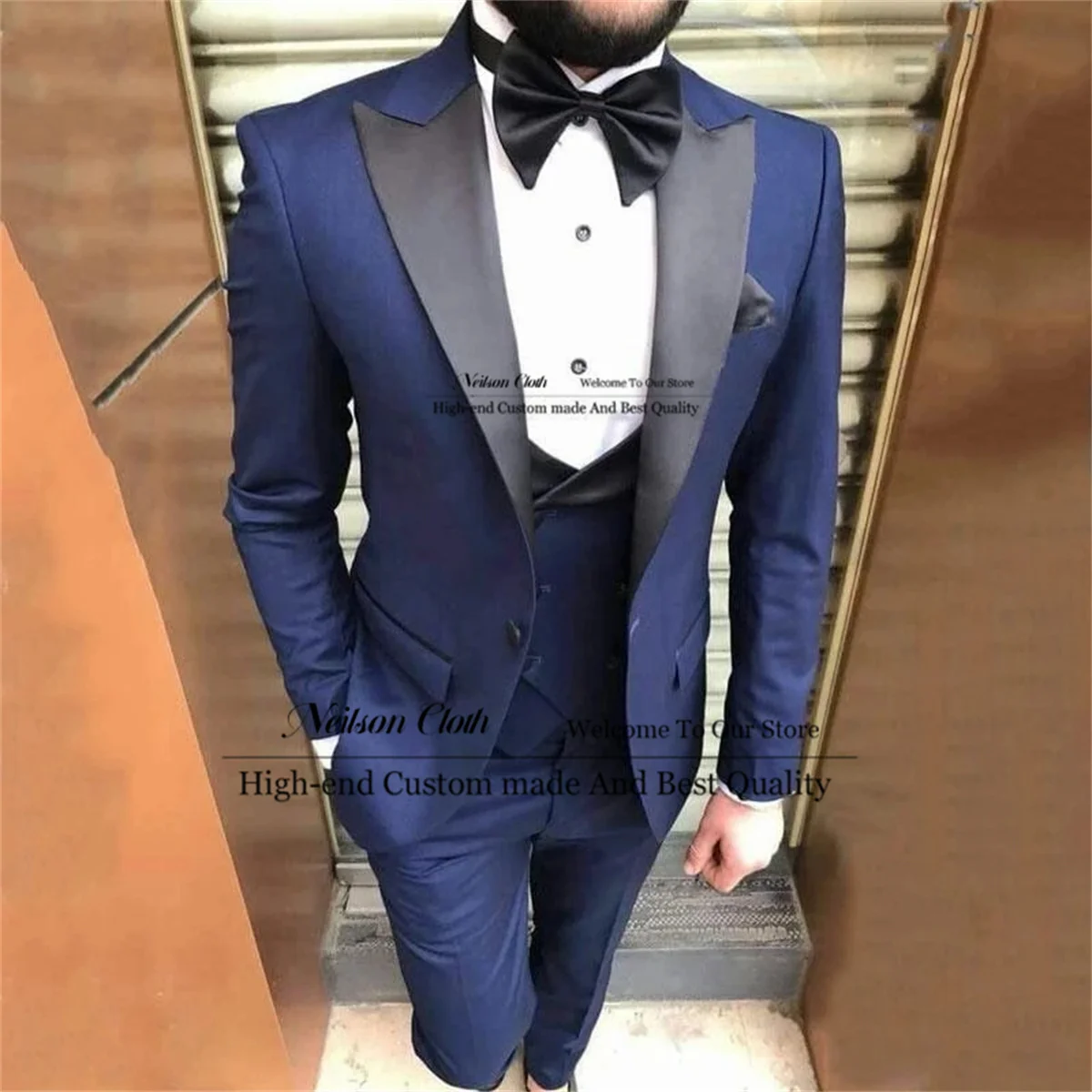 

Formal Blue Men Suits Peaked Lapel Groom Wedding Tuxedos 3 Pieces Sets Male Prom Blazers Groomsmen Slim Fit Terno Masculino