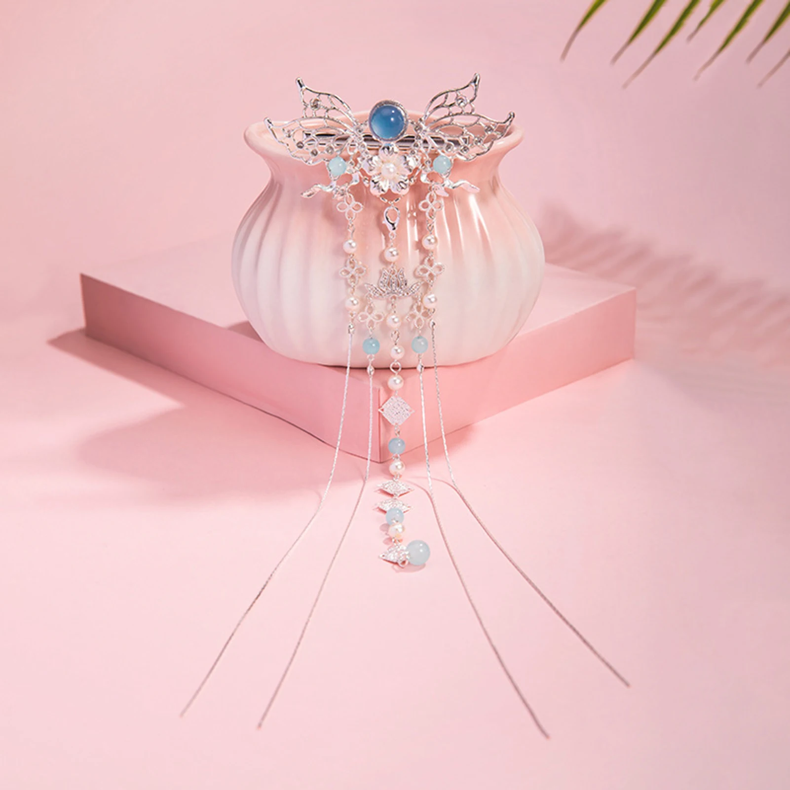 Han Chinese Hair Clips Long Tassel Headpiece For Women Vintage Blue Beads Tiaras Luxury Bride Hair Jewelry Retro Flower Hairpin jewelry set hair accessory hair clip hair headdress
