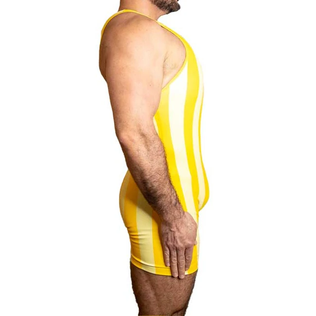 Yellow Vertical Stripes Wrestling Singlets Suit Boxing One Piece Bodysuit Iron Gym Sport Fitness PowerLifting Skinsuit