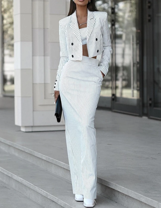 2023 Autumn New Commuting Skirt Set Daily Slimming Temperament Striped Blazer Coat and Fashion Casual Slit Skirt Set for Women