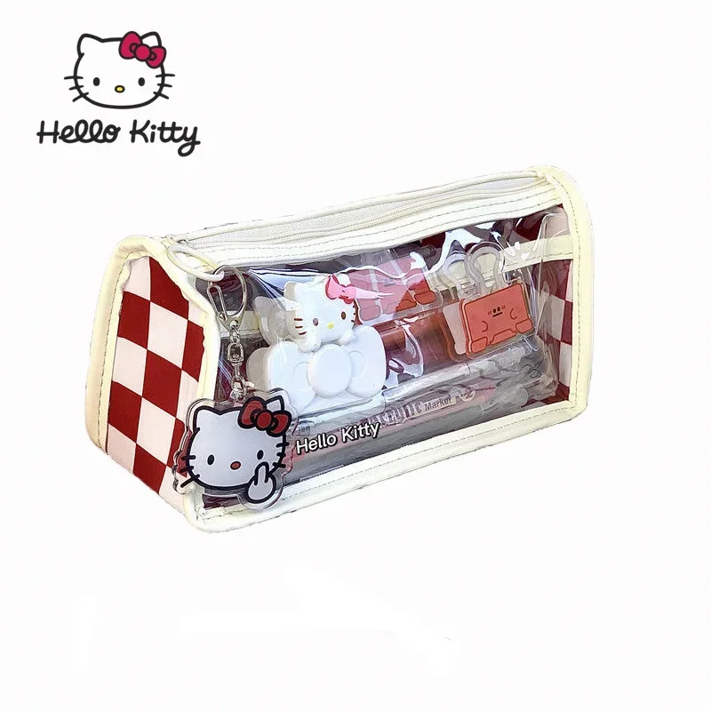 

Прозрачный красный карандаш Hello Kitty, Большой Вместительный простой органайзер для хранения канцелярских принадлежностей, милый чехол с рисунком аниме