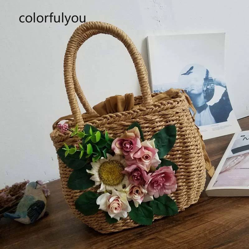 Bolso de mano con flores para mujer, bolsa de tejida a mano, nuevo diseño, de mano, con cordón, para playa y vacaciones, 2021|Cubos| - AliExpress
