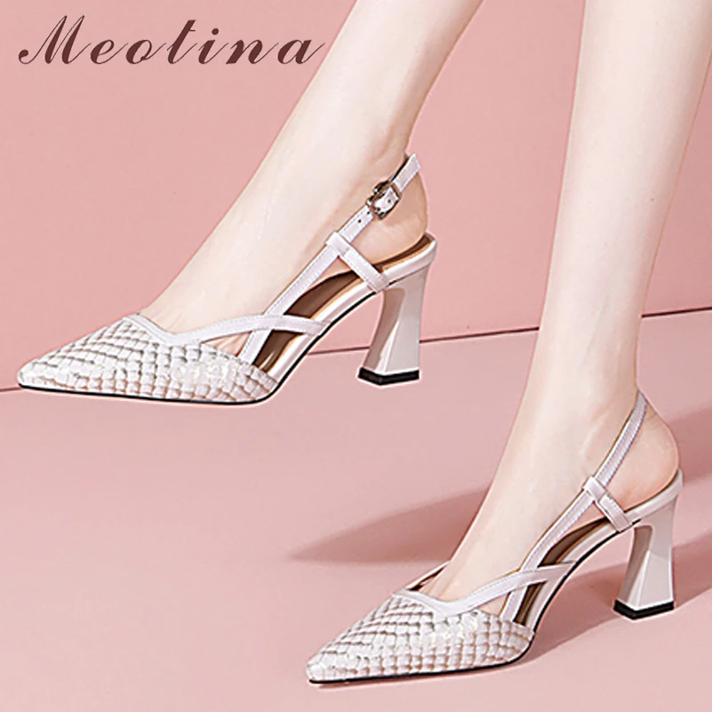 

Meotina Women Genuine Leather Pointed Toe Thick High Heel Pumps Buckle Sewing Slingbacks Heels Lady Autumn Shoes White 40