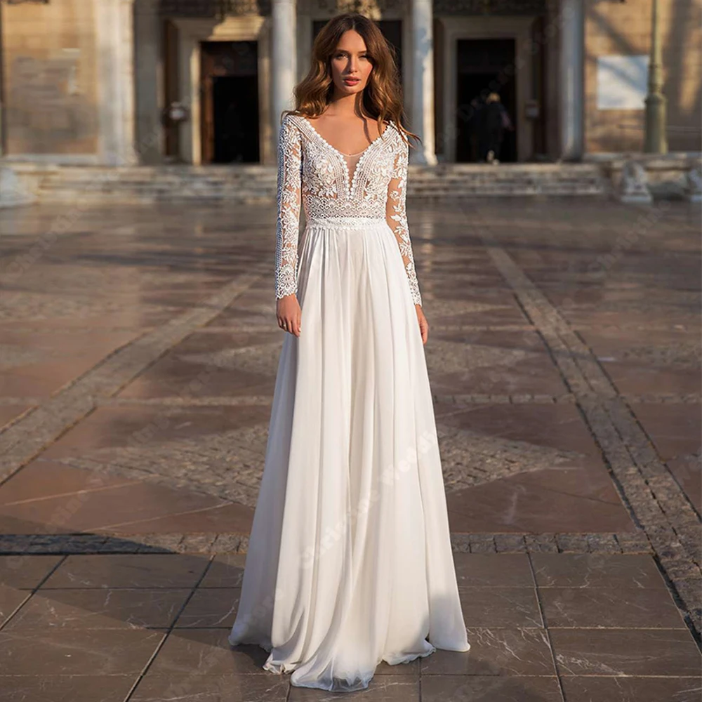 Deep-V Neck Women Wedding Dresses Lace Long Sleeves A-Line Bridal Gowns Customized Engagement Ball Vestidos De Novias Customized 3