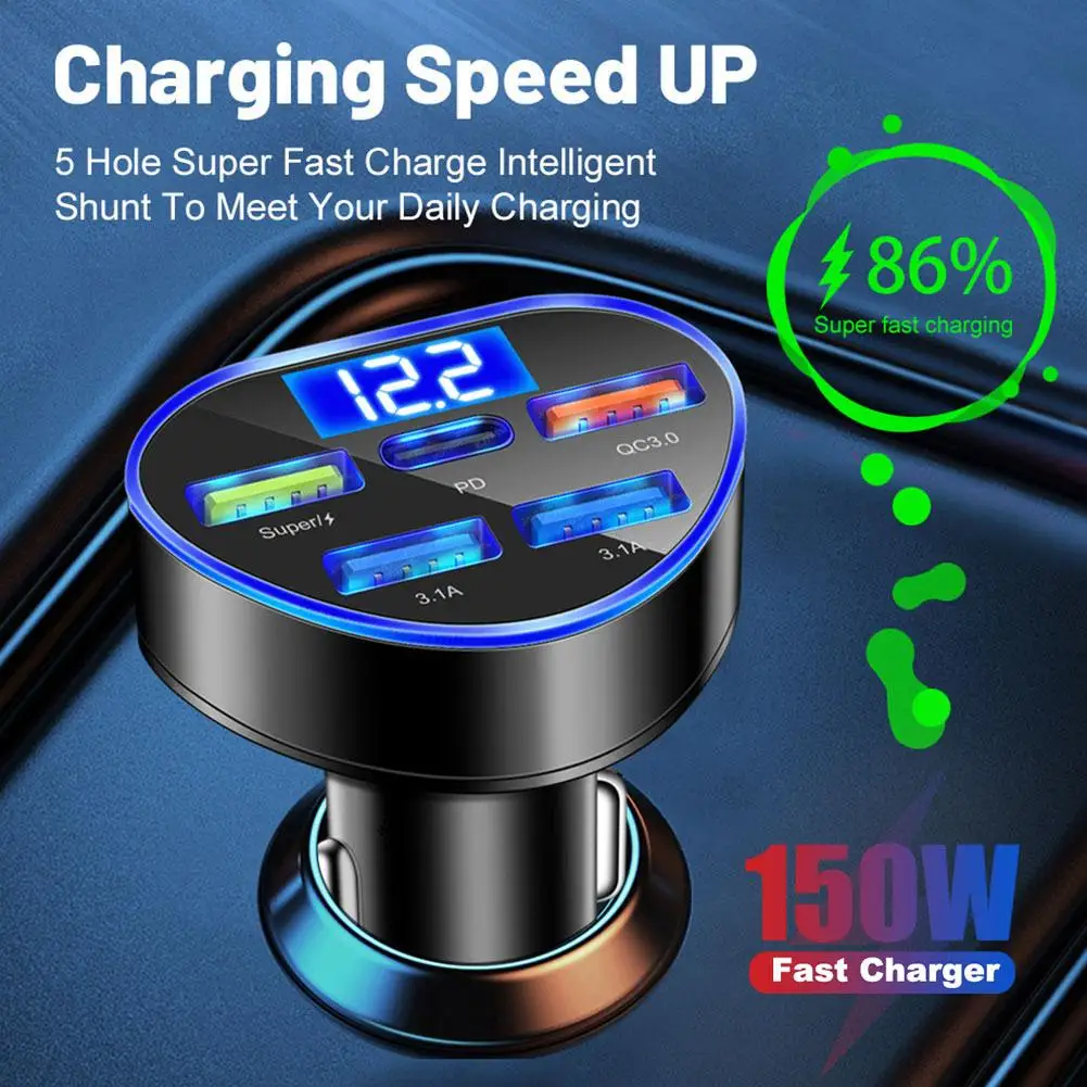 

66W Car Charger PD QC3.0 Fast Charging Adapter With 5 Ports for iPhone Samsung USB Type C Cigarette Lighter Charger