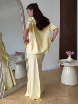 Fashion Yellow Satin Tops Skirt 2 Piece Set Women Lace Up Top High Waist Mermaid Skirt 2025 Summer Sexy New in Matching Suits 2