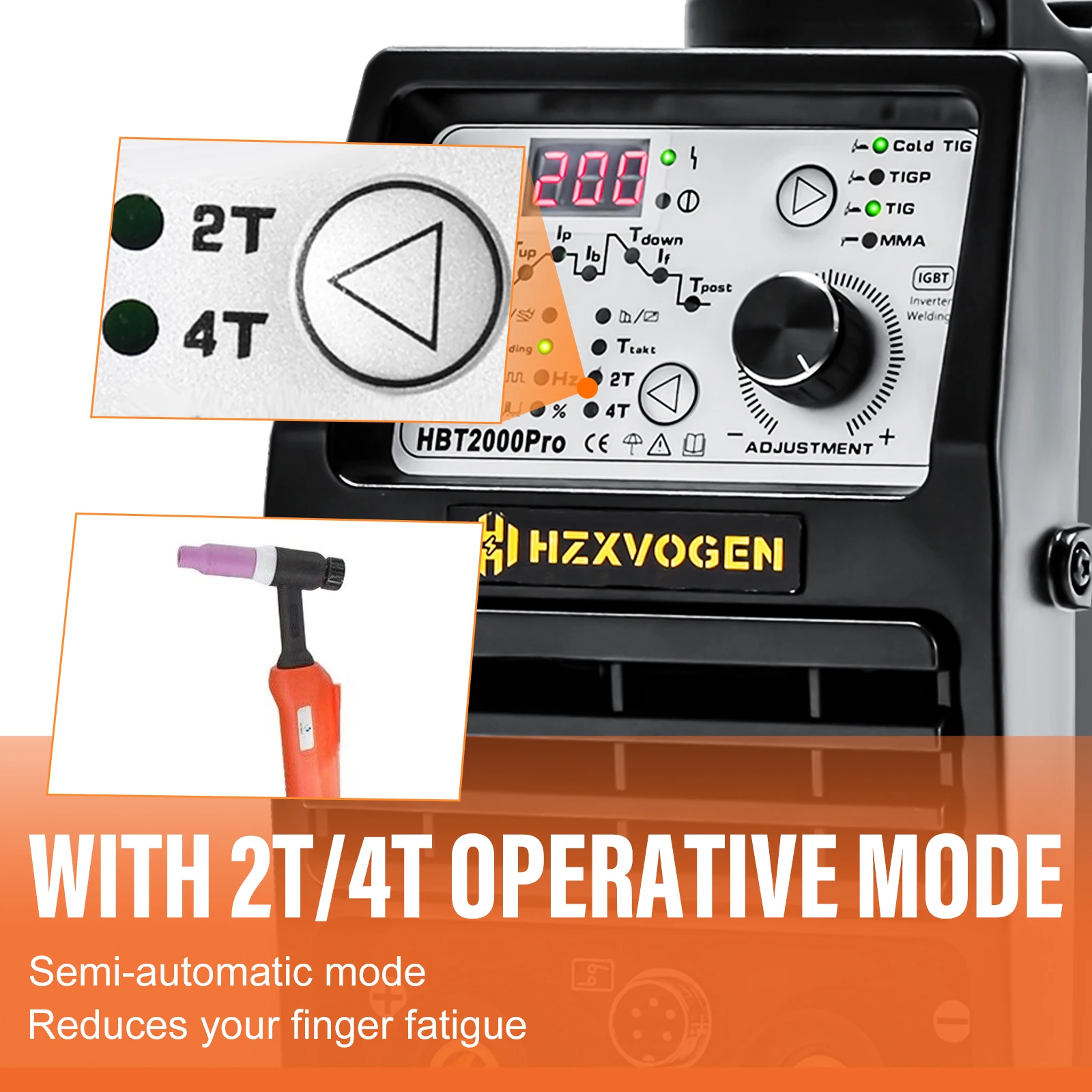 HZXVOGEN 200A Cold Welding Machine HBT2000P TIG ARC Welder with Pulse Cold TIG 2T/4T 1-900ms Adjustment HF TIG Spot TIG 3