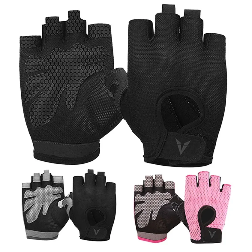 Pink Half Finger Gloves Women Breathable Mesh Non Slip Female Gym Gloves