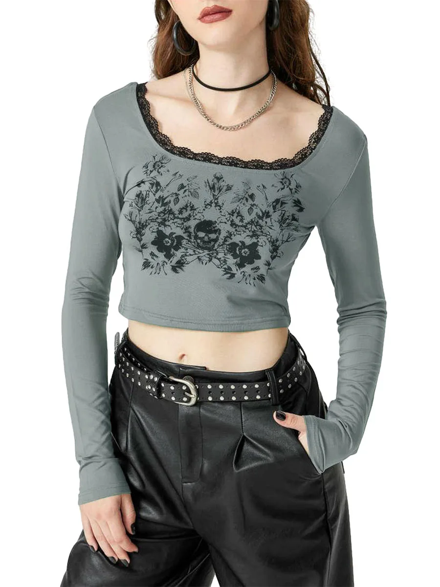 

Women Cropped Tops Halloween Gothic Skull Print Lace Trim Long Sleeve Fitted Shirt Casual Pullovers Club Streetwear Aesthetic