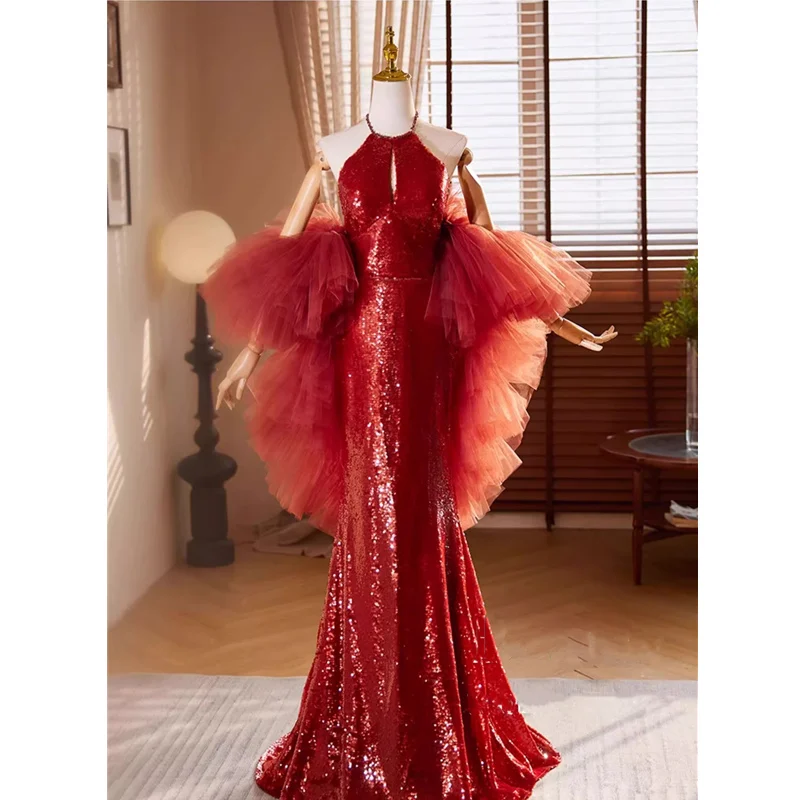 

Bespok Occasion Dresses Red Sequins Beads Tulle Halter Neck Lace up Mermaid Floor Length Plus size Women Evening Party Gowns