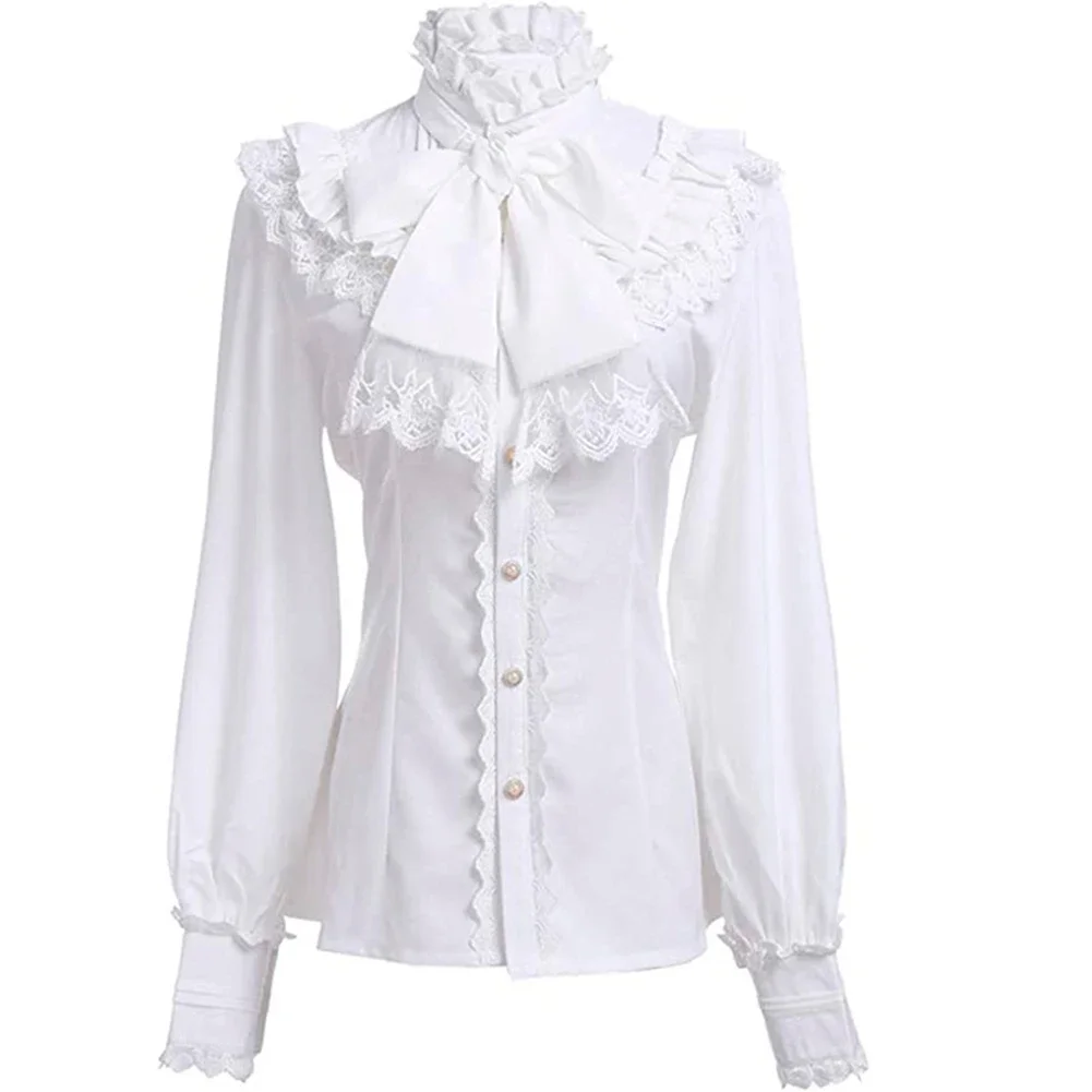 

Женская винтажная рубашка с рюшами, однотонная черная или белая блузка в викторианском стиле, с длинным рукавом и оборками, в готическом стиле, Лолита