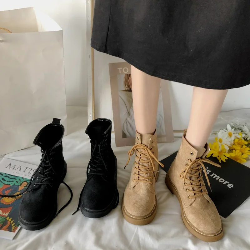 Platform Boots for Woman Spring Autumn 2022 Fashion Retro Flock Ankle Riding Equestrian Square Heel Lace-up Shoes Women Boots