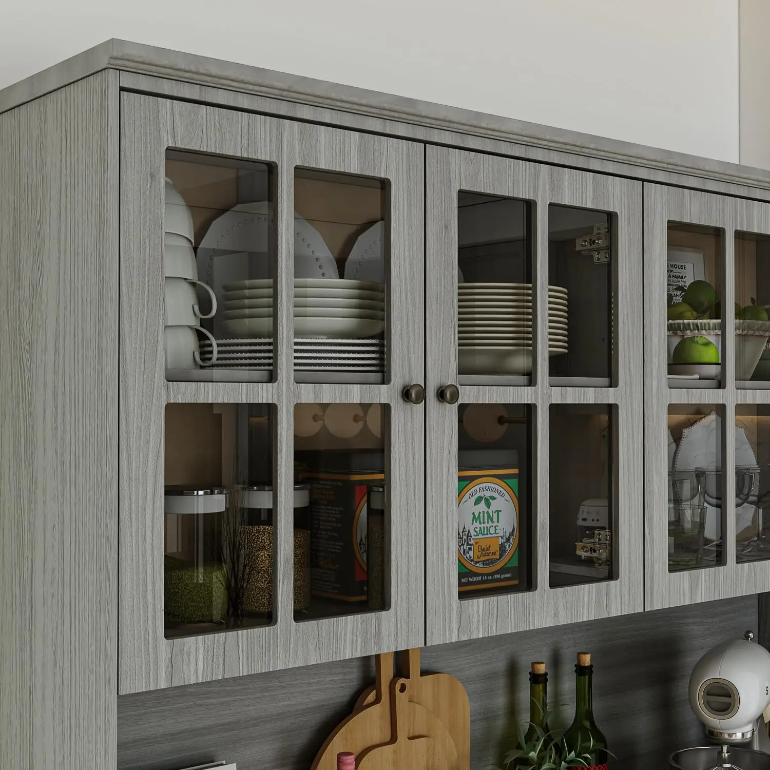 75.9 Kitchen Pantry Cabinet with Glass Doors & Hutch, Large Wood Storage Cabinet with 8 Shelves & 3 Drawers
