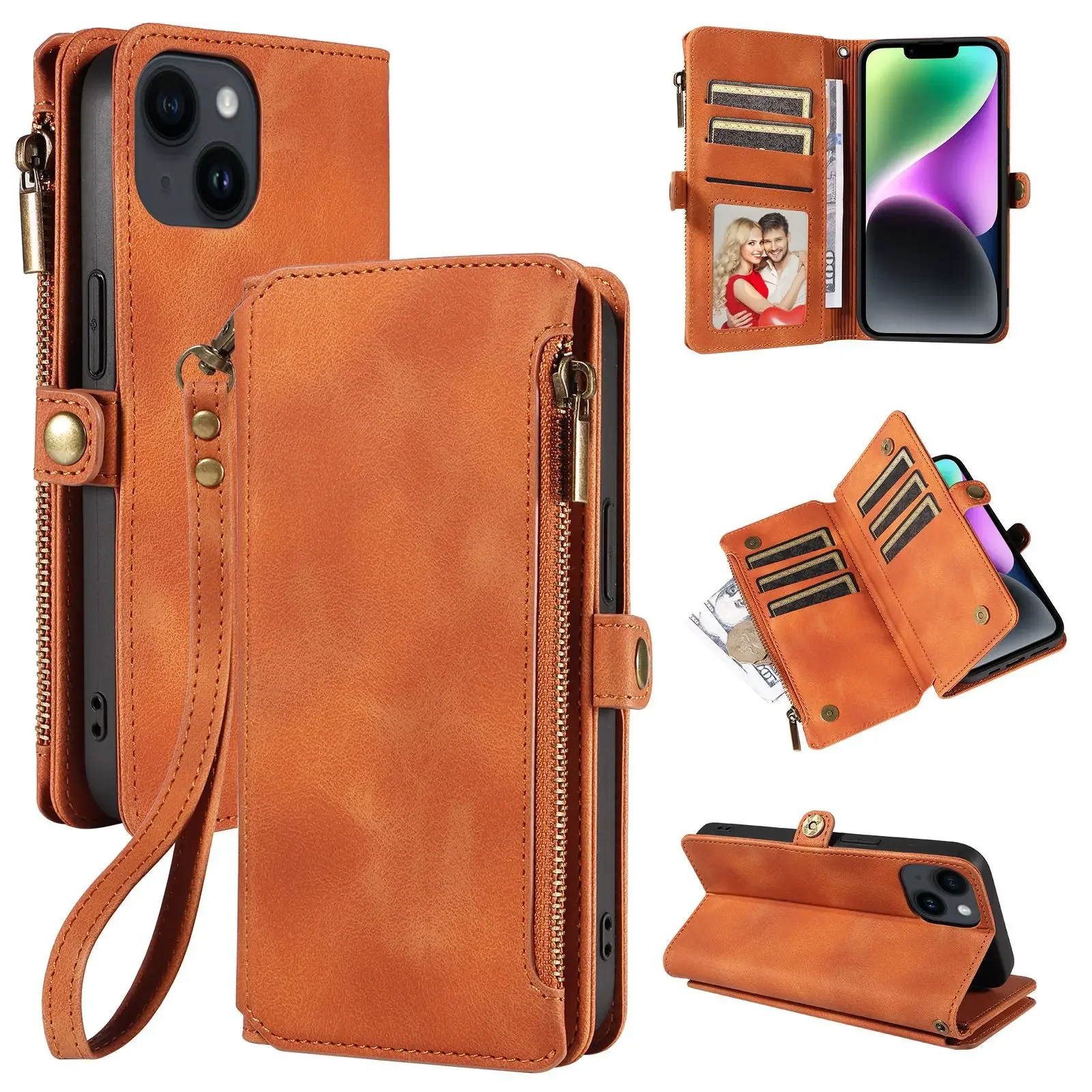 Luxurious Zipper Leather Wallet Phone Case with Card Slots and RFID Protection