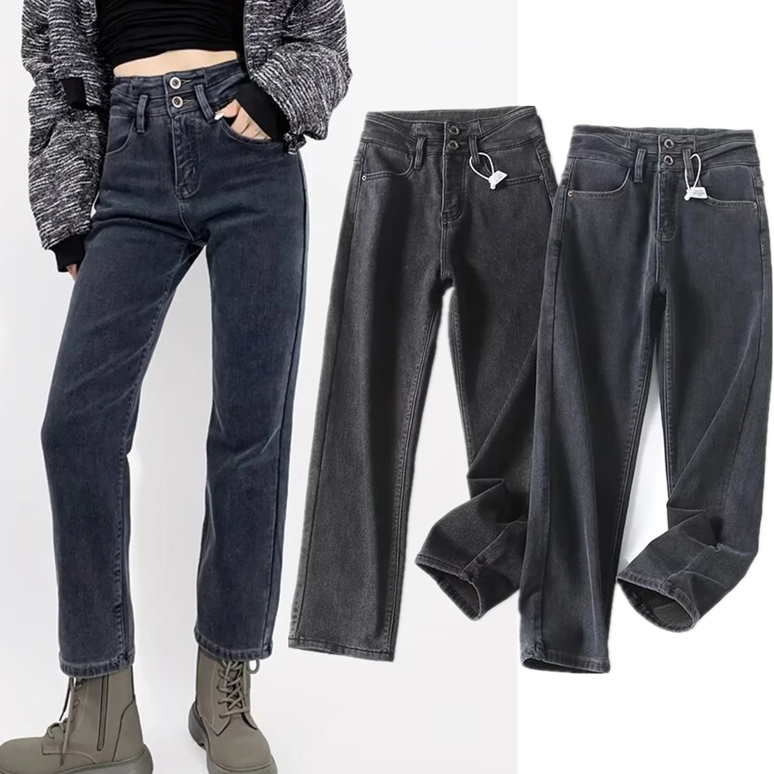 

Maxdutti Retro High Waisted Single Breasted Plush Jeans For Winter Solid Simple Casual Fleece Denim Pants Trousers Women