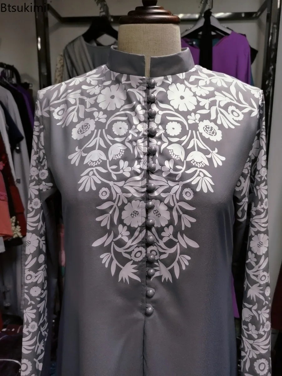 Eid Muslim Maxi Dress for Women Abaya Hijab Turkey Kaftan Ethnic Style Printed Stand Collar Robe Female Elegant Vintage Vestidos