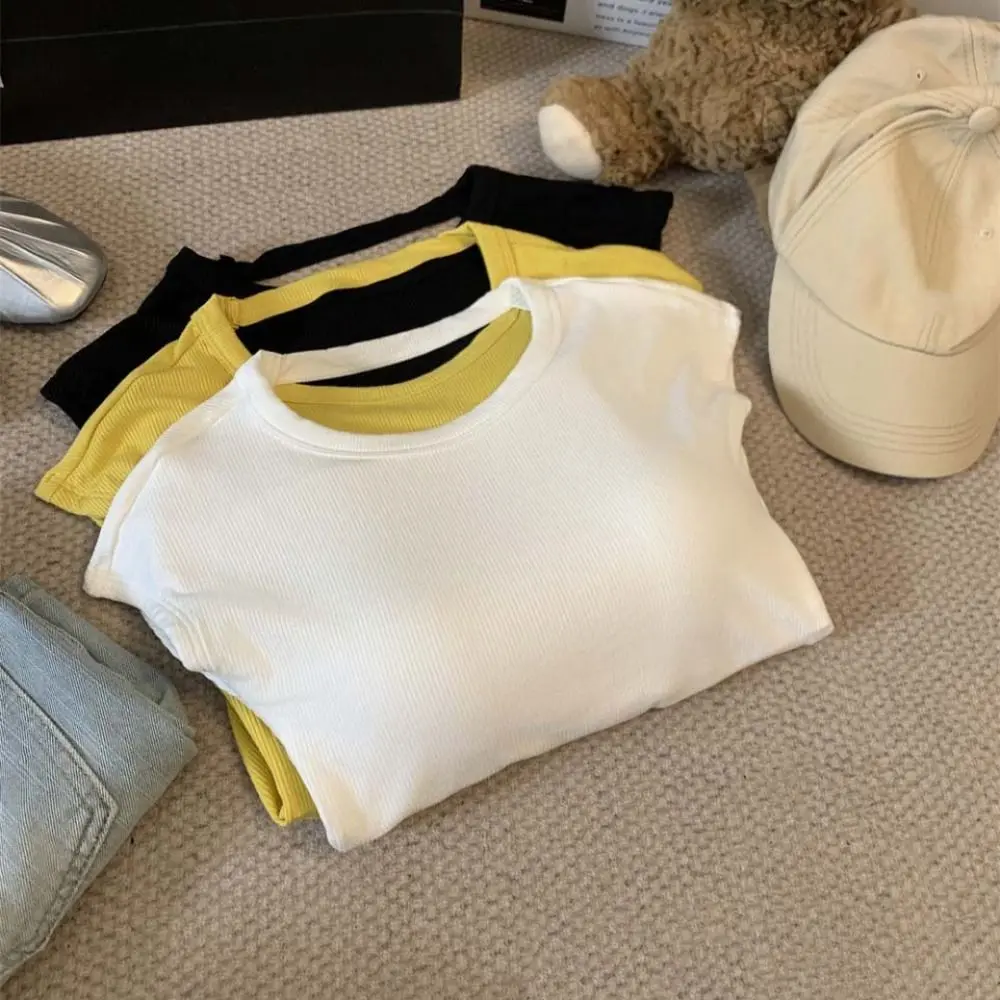 Solid Color Hollow out Beauty Back T-shirt Y2k Round Neck Slim Crop Tops Short Sleeve Bottoming Shirts Vest with Pads Summer