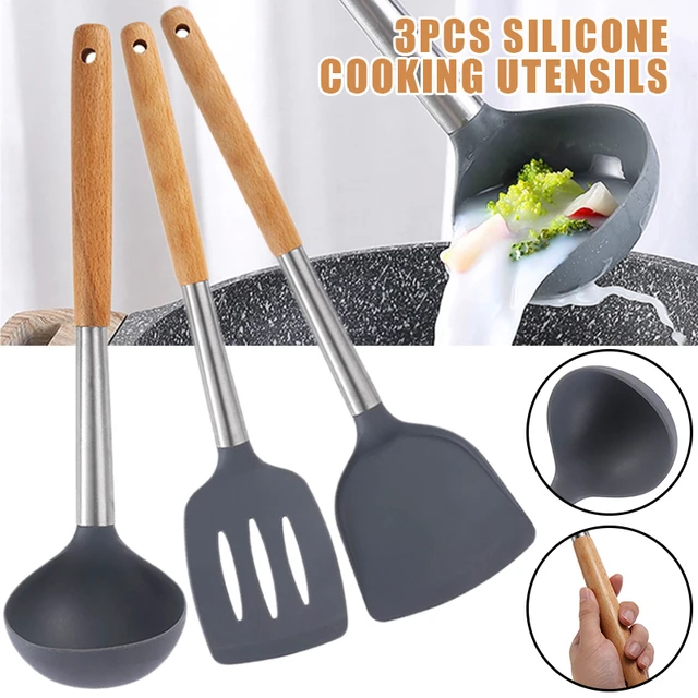 Silicone Kitchenware Cooking Utensils Set Non-stick Cookware Accessories  Spatula Wooden Handle Black Cute kitchen Gadget Sets - AliExpress