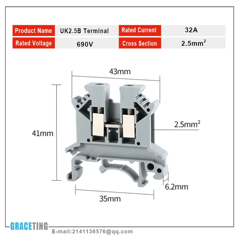 Description Picture 3 of item1 Box UK2.5B/3N/5N/6N/10N Terminal Block Screw Clamp Connector DIN Rail Universal Brass Wiring Voltage Terminal