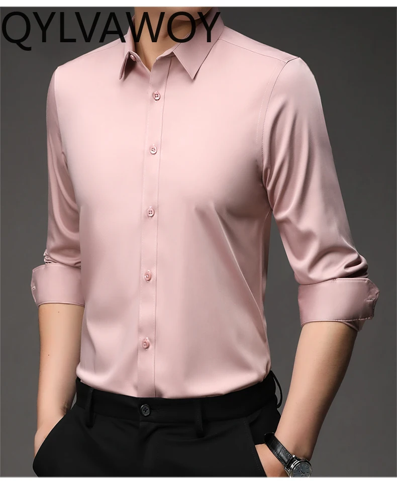 

QYLVAWOY 100% Mulberry Silk Mens Shirt Spring Clothes 24 Business Casual Tops Long Sleeve White Shirts for Men Camisa Masculina