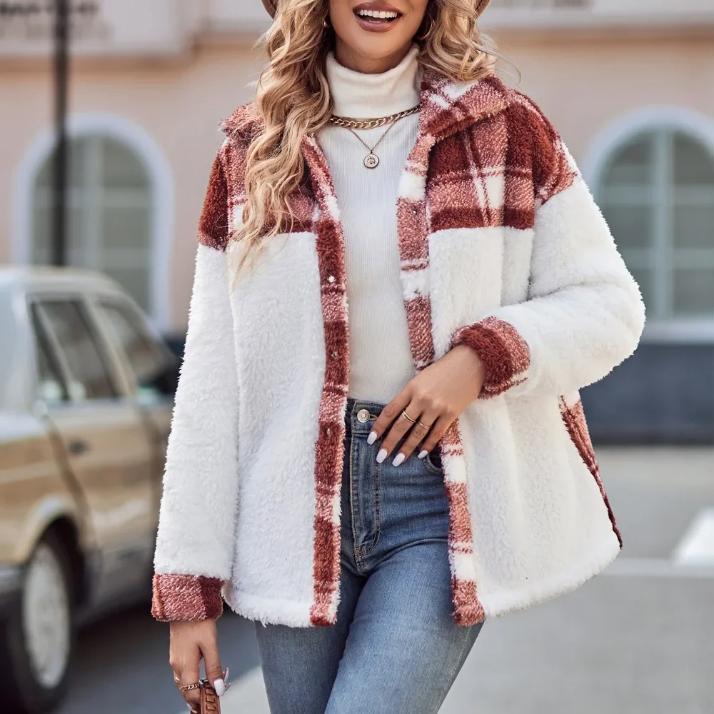 

2023 Winter Casual Thick Spliced Lapel Loose Long Sleeve Plush Jackets for Women Turndown Neck Warmer Winter Grid Jackets