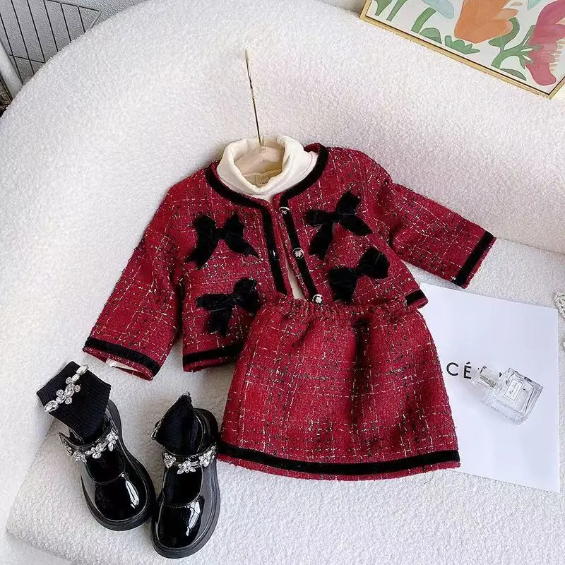 

Kids Girls Jacket Suits FashionBow Coats Autumn Spring Children Clothing Kids Outwear Long Sleeve Girls Top+Skirt 2-7Y