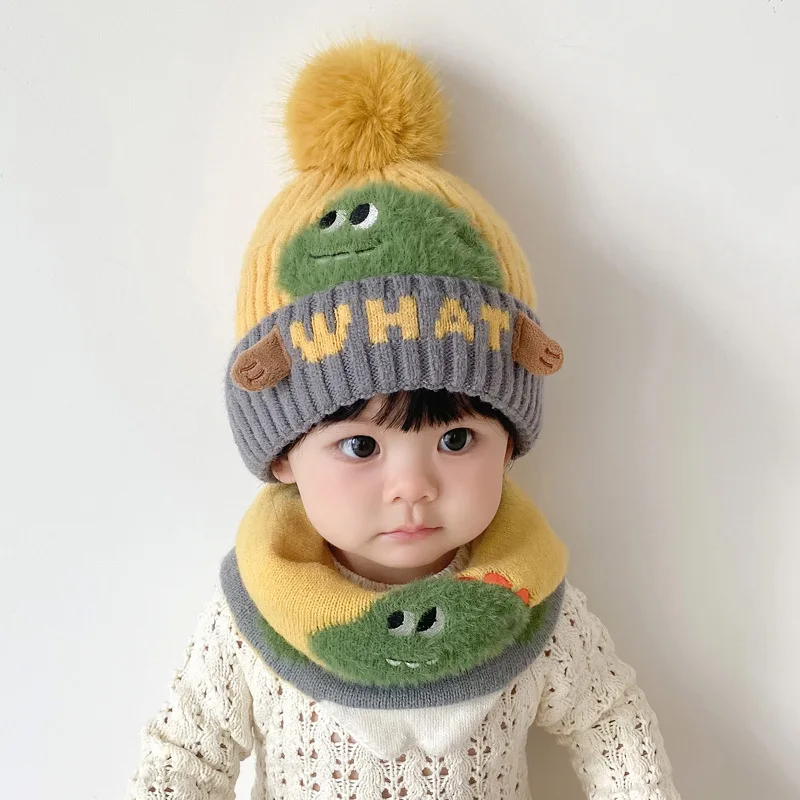 Doitbest 2 Pcs Pompom Kids Hat Scarf Set WHAT Letters Knit Warm Child Hats For Boys Girls Bonnet Beanie Winter Children Cap