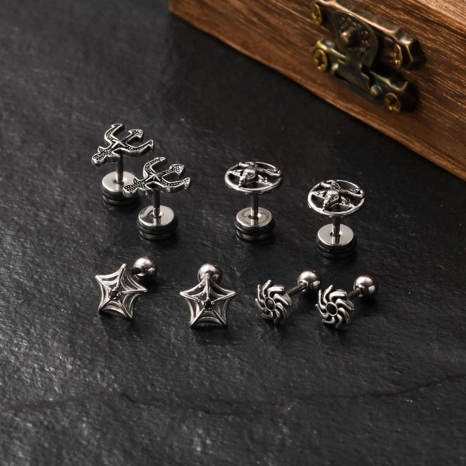 Mens Stud Earrings,Retro Punk Antique Stainless Steel Small Ear Studs,Ship's Anchor Antelope Head Sun Spider Web Earrings Gifts