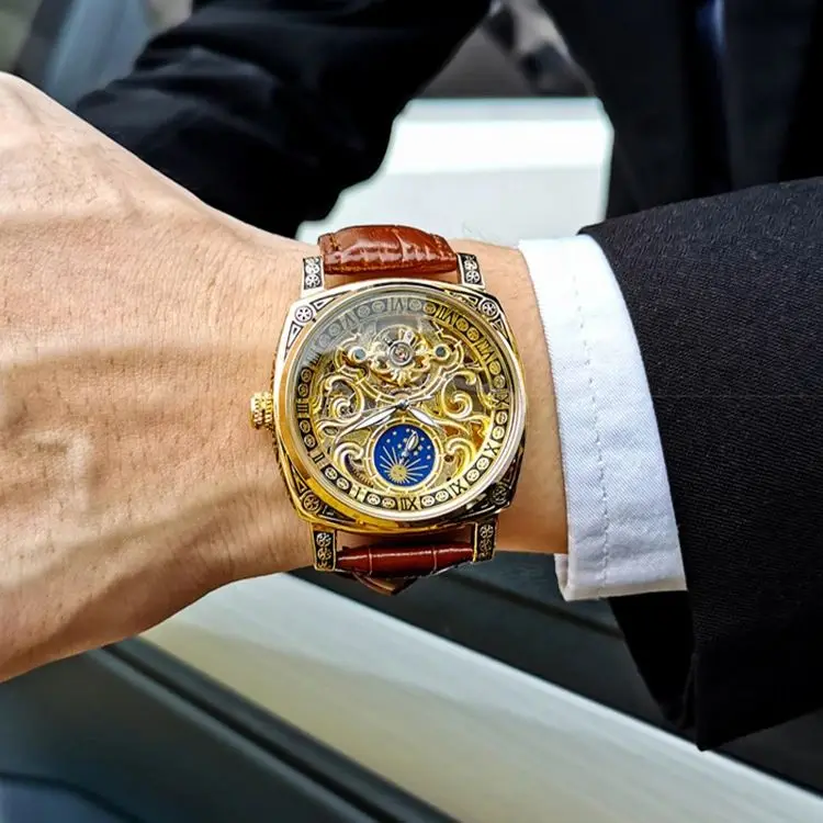 Vintage Square Tourbillon Mechanical Watches Luminous Hands Leather Strap Business Skeleton Automatic Mens Watch_voghion.com