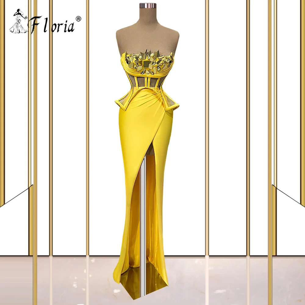 

Sexy Yellow Sleeveless Prom Dress Crystal Corset Slit Fashion Evening Party Dresses Pageant Gowns Plus Size Custom Made