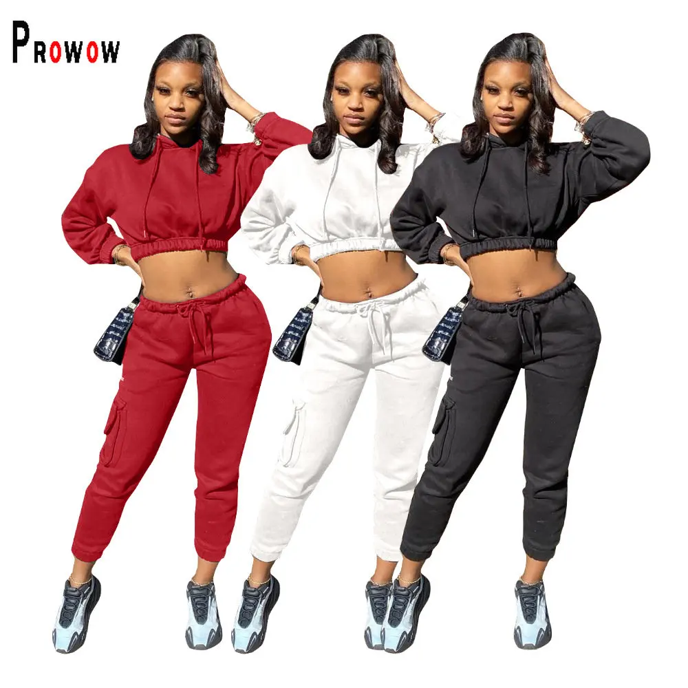 

Prowow Autumn Winter Women Tracksuits Cropped Hooded Tops Pant Two Piece Matching Sport Suits Slim Fit Pockets Female Streetwear