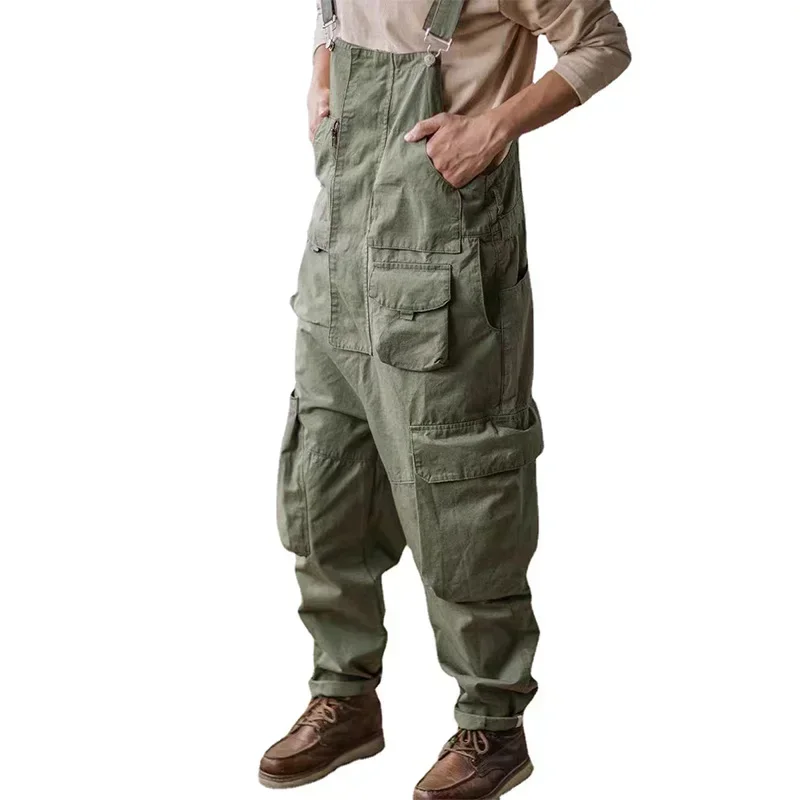 Men Retro American Cotton Overalls Bibs Loose Washing Jumpsuit Suspenders