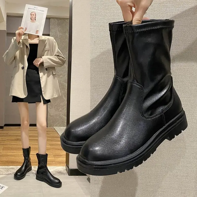 Ladies Fashion Knee Boots High Heels Thin Tall Boots Autumn Winter Warm Thick Sole Elastic Boots Tall Rider Boots Botas De Mujer