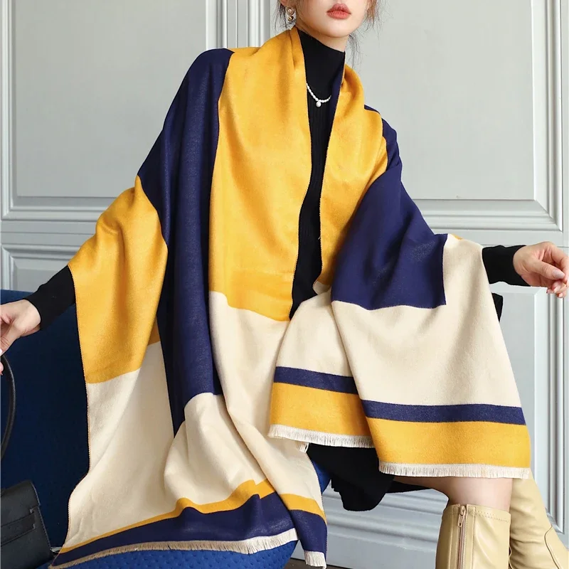 Thick Winter Warm Cashmere Blanket Scarf Women Luxury Geometry Print Pashmina Poncho Shawl Wraps with Tassel Casual Bufanda 2023