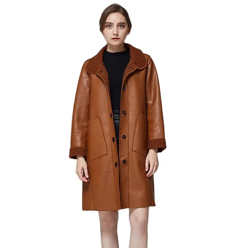 

Женская длинная куртка на флисовой подкладке, модная ветровка из искусственной кожи, облегающее пальто в уличном стиле, Осень-зима 2023